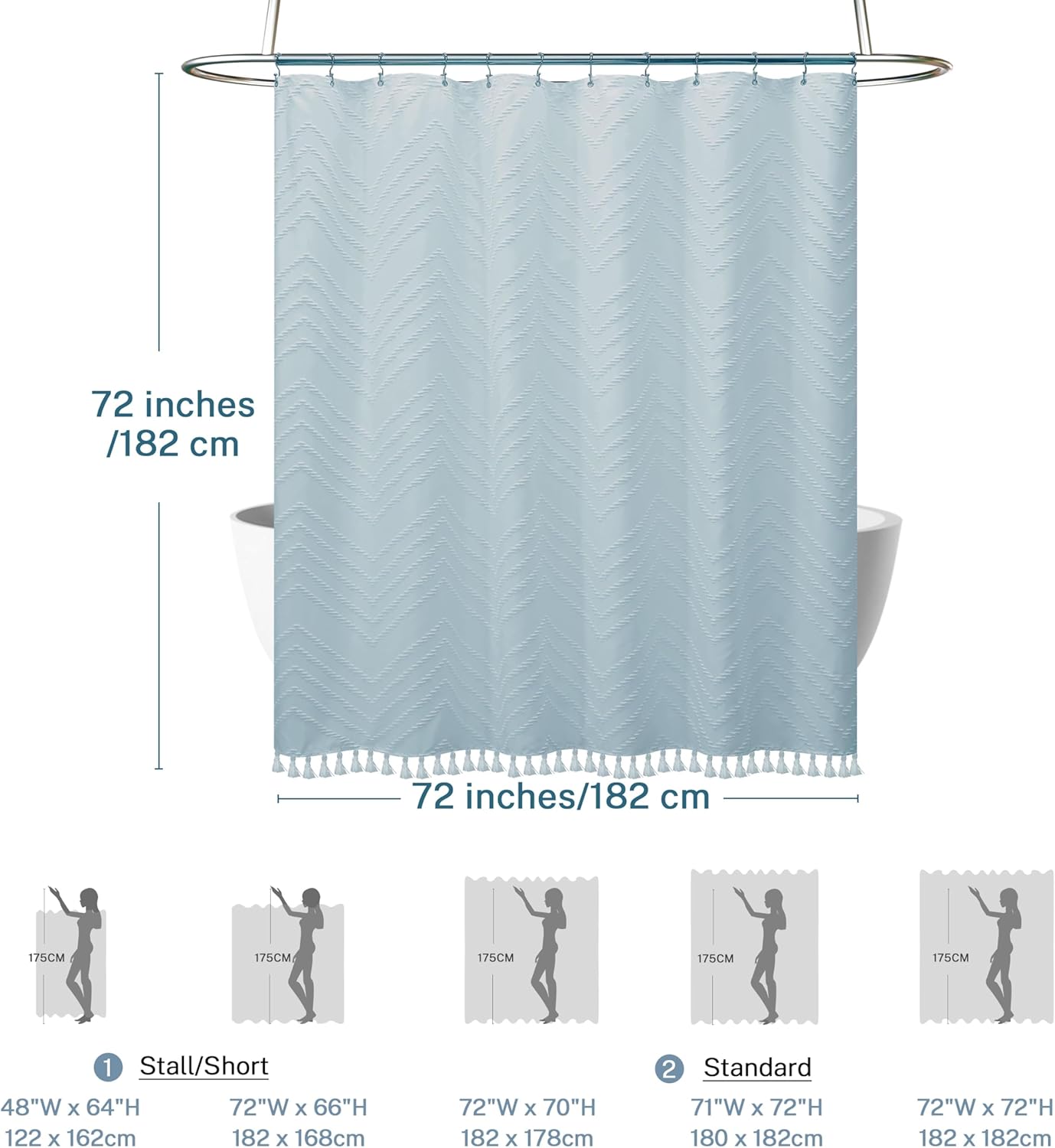 Boho Fog Blue Shower Curtain Woven Fabric Cute Shower Curtain, 72 x 72 Tufted Chevron Textured Striped Modern Farmhouse Minimalist for Bathroom