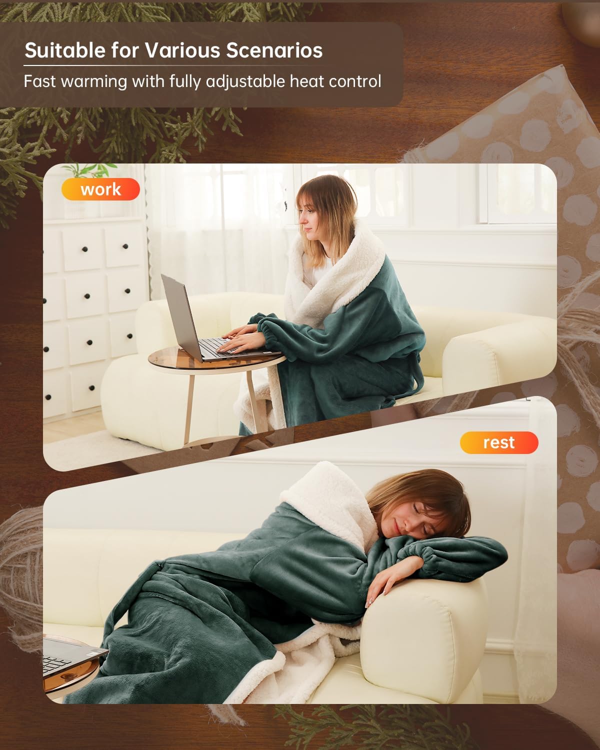 Electric Heated Blanket Throw Size with Foot Pockets & Sleeves, Wearable Washable Blanket Warmer for Home & Office, Cozy Soft Flannel 50" x 70", 9 Heat Levels, 1-9H Auto-Off, ETL Certified, Grey