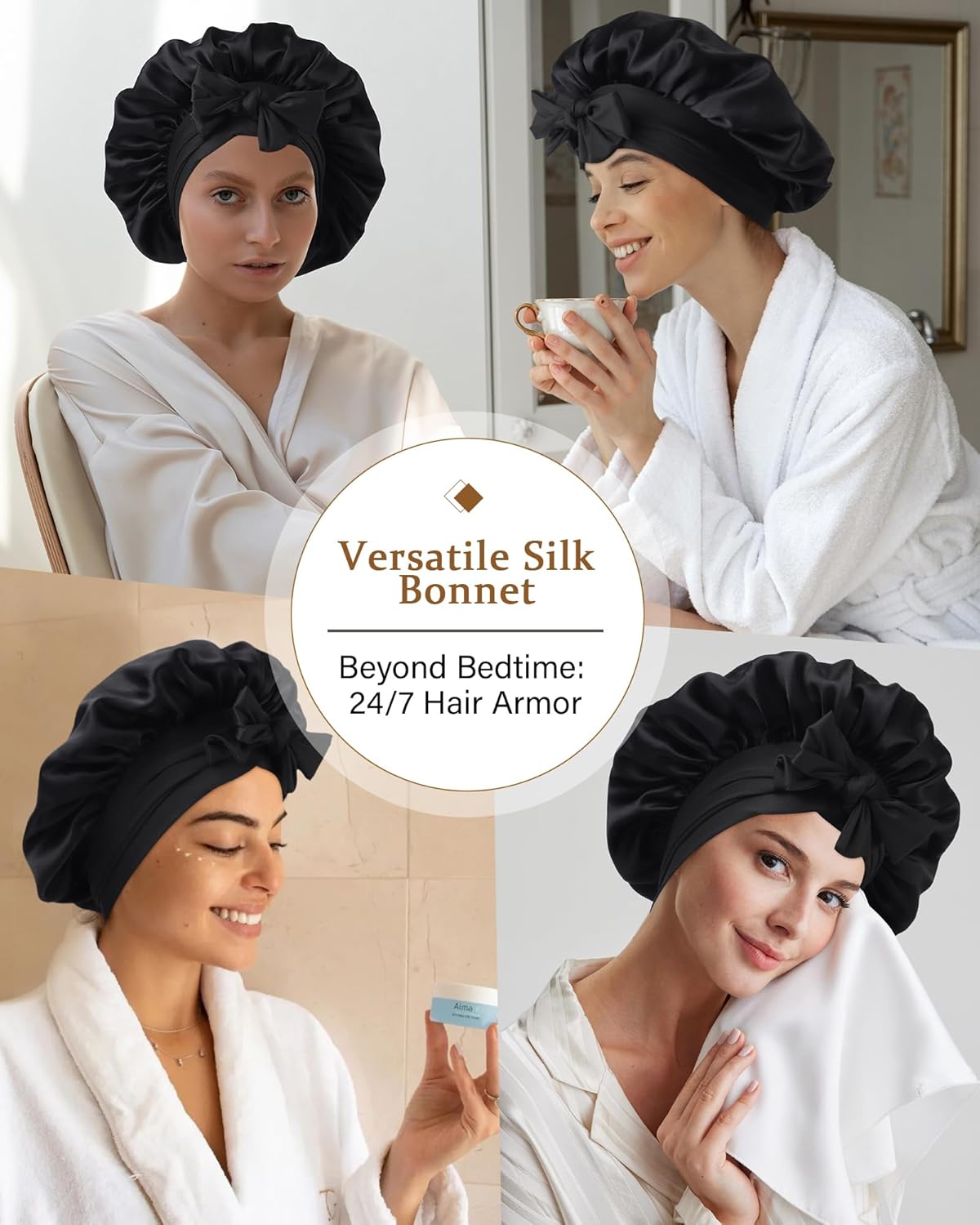 AWAYTR Mulberry Silk Bonnet for Sleeping - Silk Sleep Bonnet with Tie Band for Curly Hair Men and Women (Black)