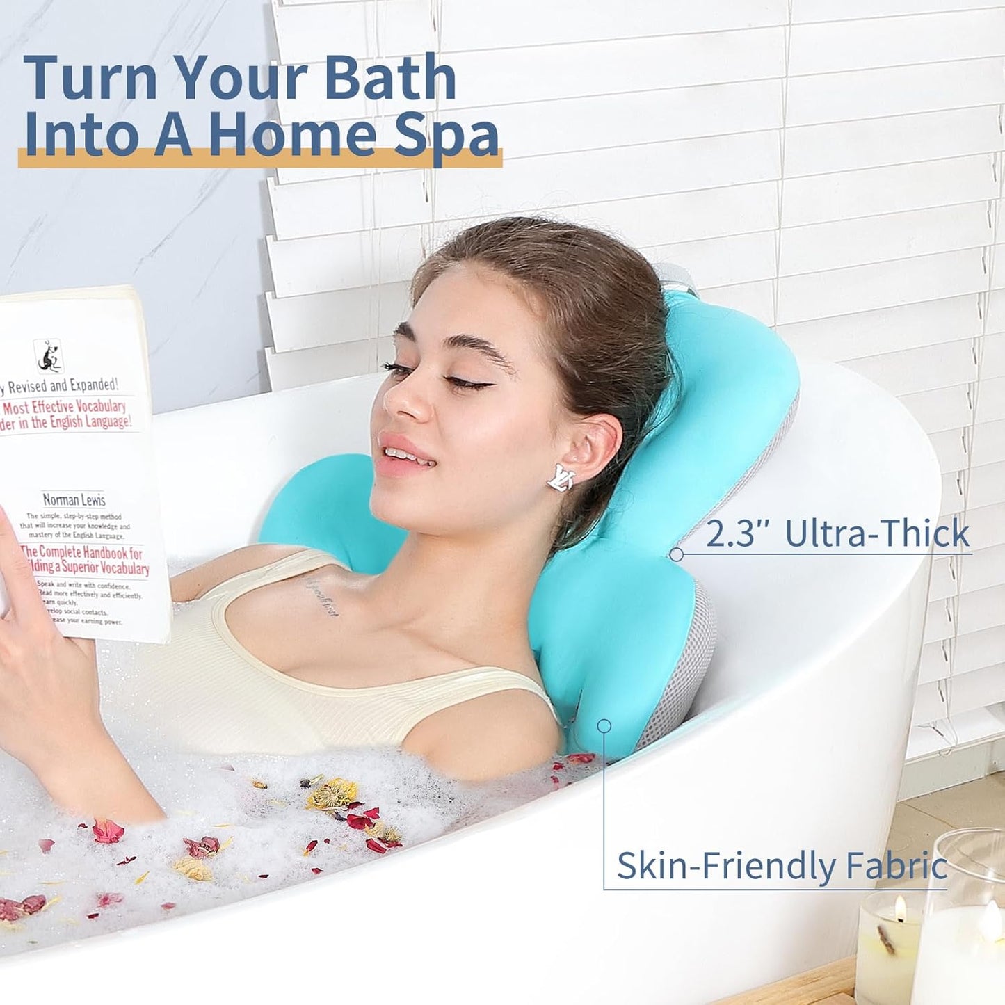Luxury Bath Cushion, Full Body Bathtub Pillow with 160 Suction Cups, Bath Mat for Head and Neck Support, with Laundry Bag (Blue, 51.2" x 16.2")