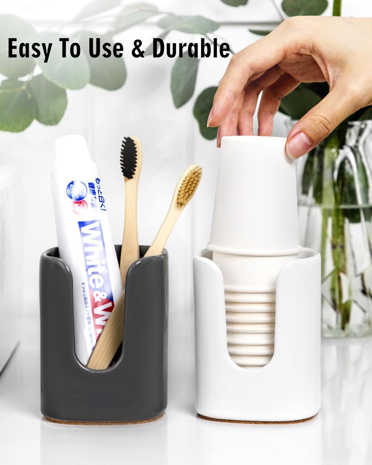 5 oz Square Ceramic Bathroom Cup Dispenser for Kids and Pregnancy - Disposable Paper Cup Holder for Mouthwash Cups on Bathroom Vanity Countertop (1 Pack, White)