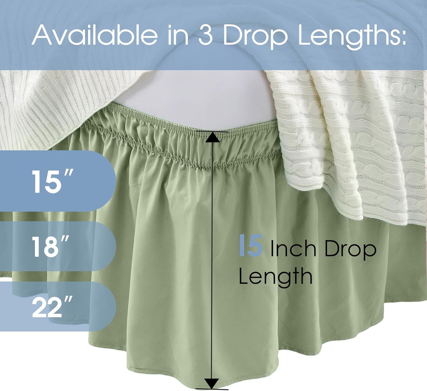 FreshCulture Twin Bed Skirt, Elastic Wrap Around Bed Skirt Twin Bed, Easy Fit with 15-Inch Tailored Drop, Hotel Quality Bed Skirts for Adjustable Bed (Sage Green)