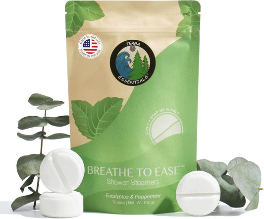 Eucalyptus Shower Steamers by Terra Essentials – 12 Showers Aromatherapy Tablets with Eucalyptus & Mint, Natural, Made in USA, Stress Relief & Relaxation Gift