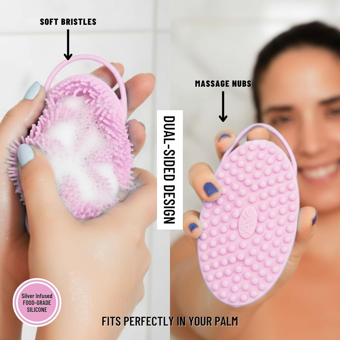 Silver Infused Silicone Body Scrubber Shower - Gentle Back Scrubber Soft Bristles - Avilana Premium Dual Sided Bath Brush Massage - Advanced Material Loofah Alternative - Gift Women Men
