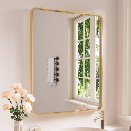 Gold Bathroom Mirror, 24x32 Inch Brushed Gold Metal Frame Mirror for Wall, Rounded Rectangle Bathroom Vanity Mirror, Tempered Glass, Anti-Rust, Horizontal/Vertical