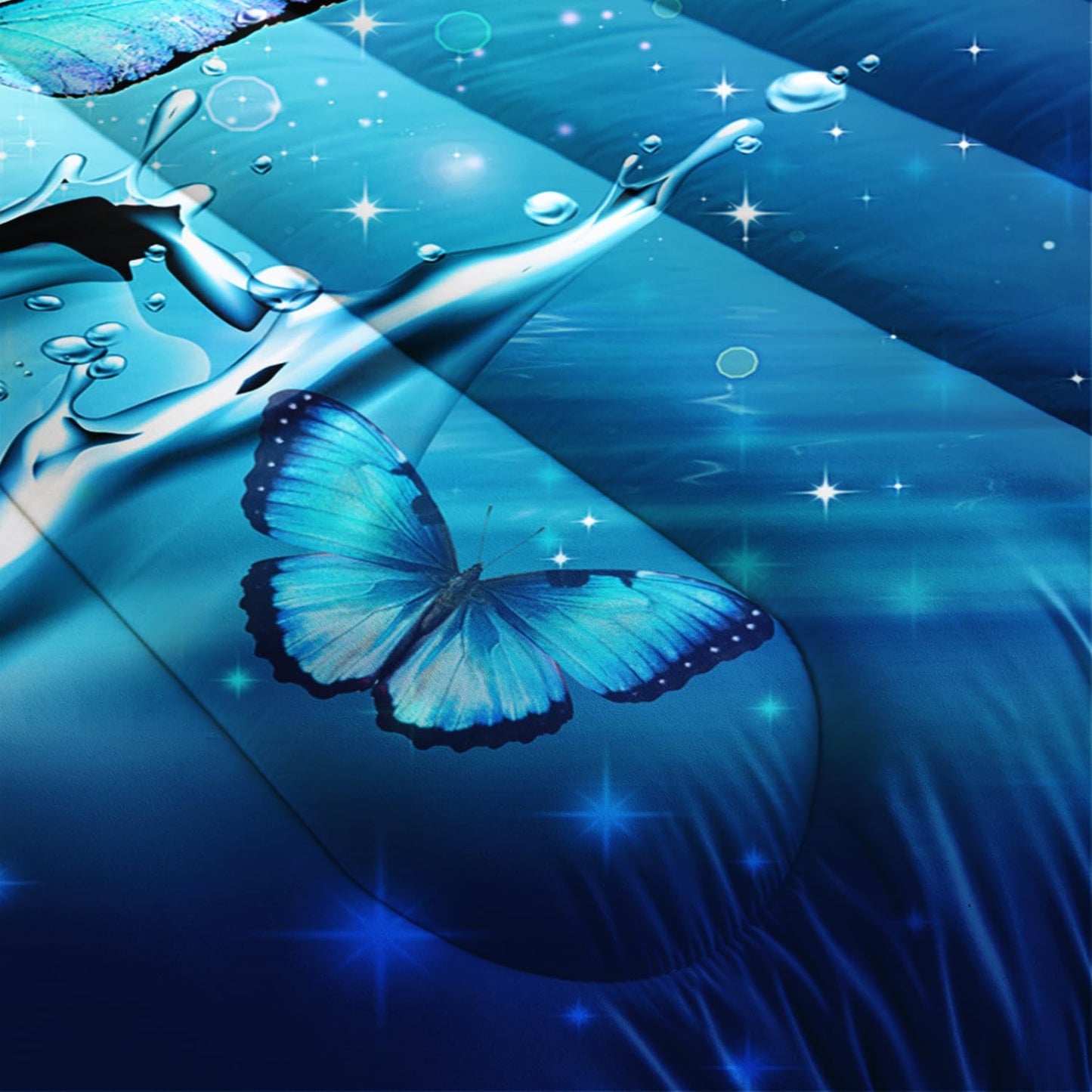 Fantasy Blue Butterfly Comforter Set Full Size,Butterflies on Water Flash Bedding Sets 3 Pieces,Blue Series Aesthetic Bedding for Kids Girls Boys Room Decor with 2 Pillowcases.