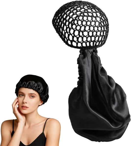 2 In1 Wrap Cap Bonnet Reversible Adjustable Tie Band, Silk Bonnet Hair Wrap Cap for Silk Press, New Satinbonnet for Sleeping, Double Layered Nettie Band for Curly (Black)