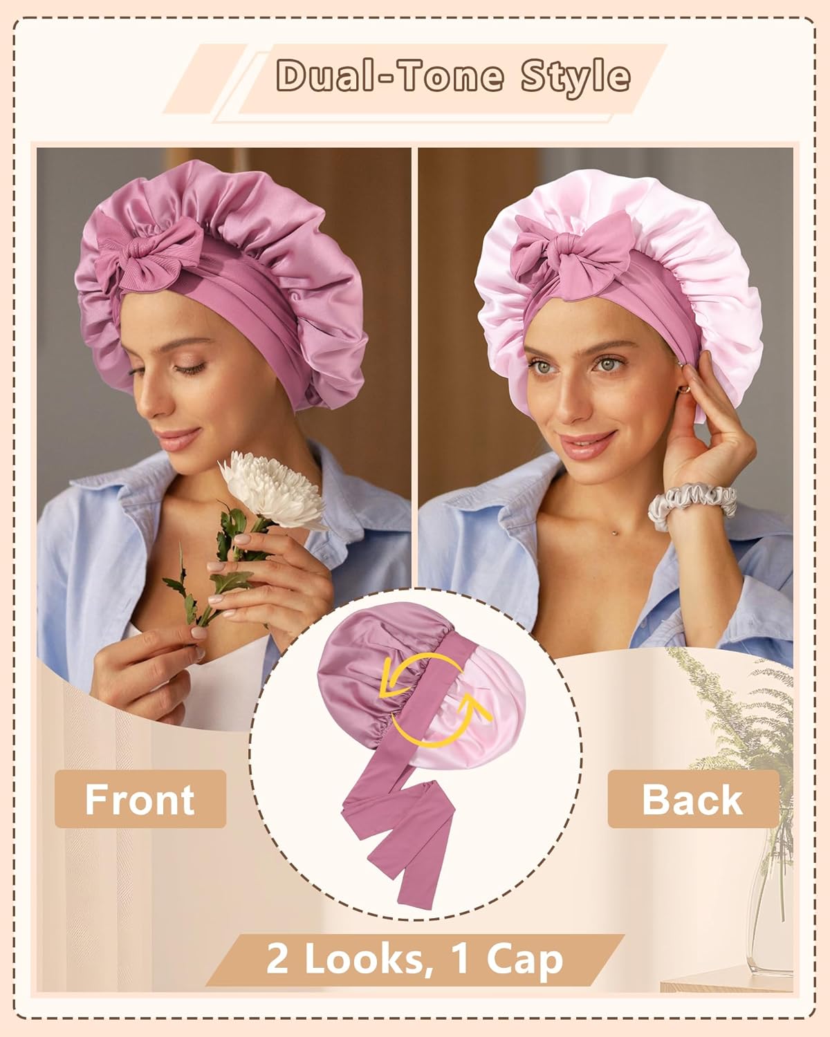 AWAYTR Women Satin Bonnet for Sleeping - Double Layer Silk Hair Bonnet with Elastic Tie Band for Braids Curly Hair