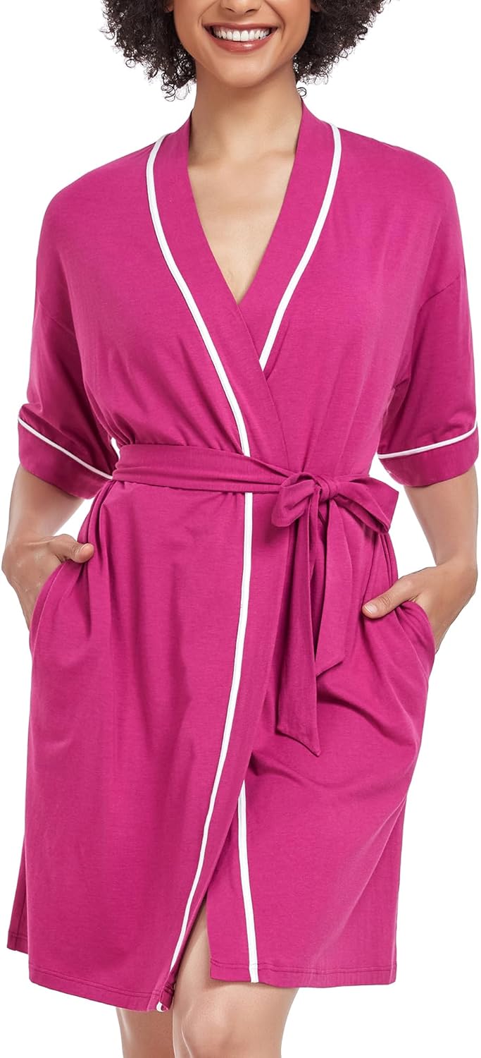 COLORFULLEAF Womens Bamboo Short Robes Lightweight Kimono Cotton Robe Soft Knit Bathrobe Ladies Loungewear with Pockets