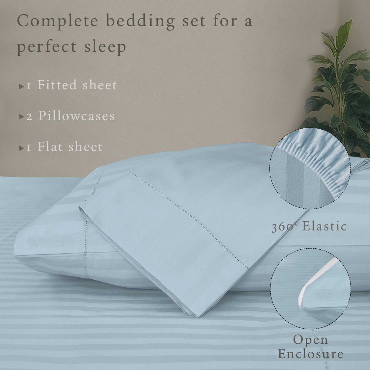 Threadmill 500 Thread Count Full Size Damask Stripe, 4 Pc Luxury Cotton Sheet Set, Breathable Light Blue Sheets with 16" Elasticized Deep Pocket, 2 Pillowcases & Free Tote Bag