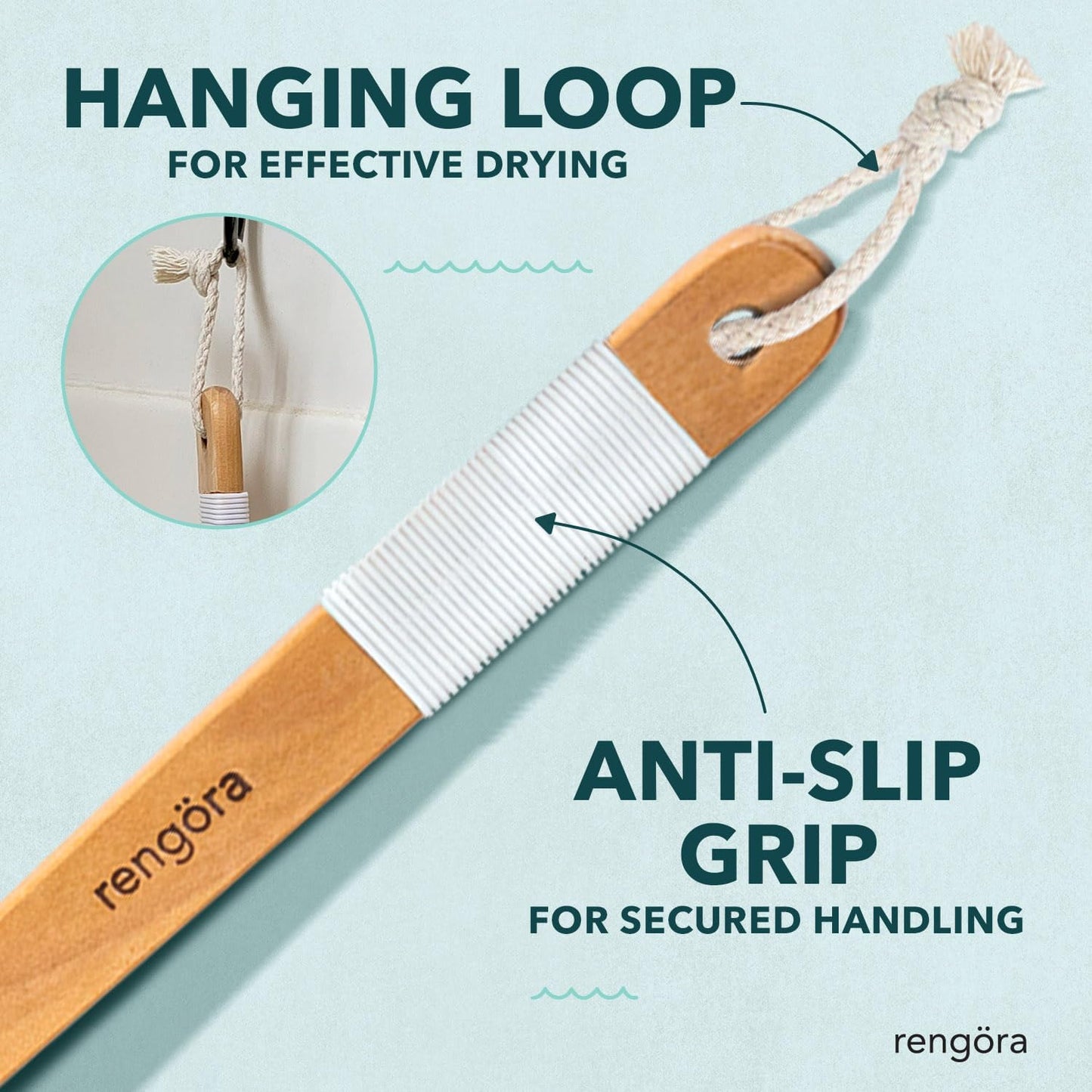 Back Scrubber for Shower - 20" Long Handle Shower Brush - Natural Bristle Back Brush - Ergonomic Handle + Silicone Anti-Slip Grip - Great Gift Idea - Men, Women + Elderly Love This (Regular Bristles)