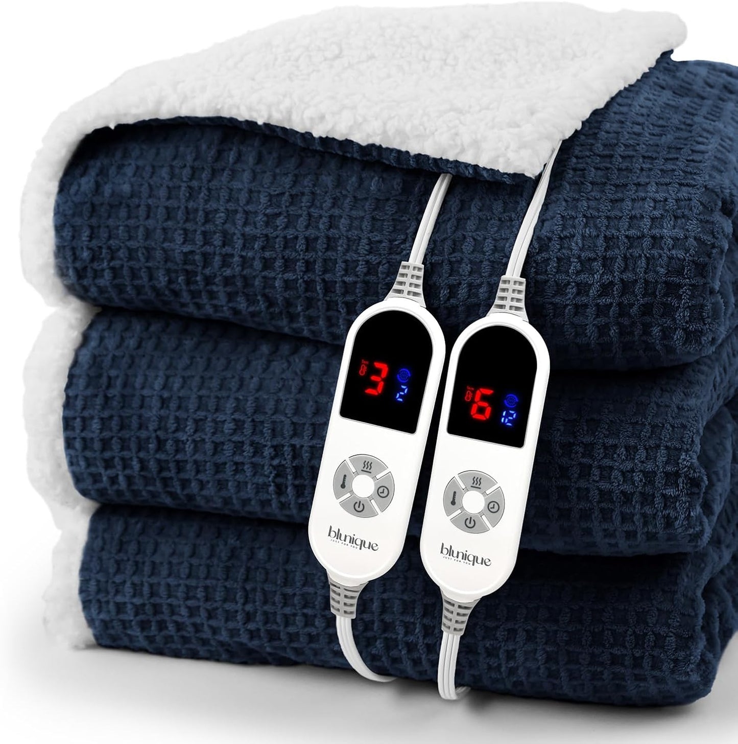 Heated Blanket Electric Blanket Queen Waffle,84x90 Inches Sherpa Fleece Fast Heating Blanket 6 Heating Levels & 10 Hours Auto Off ETL Certification, Navy Queen