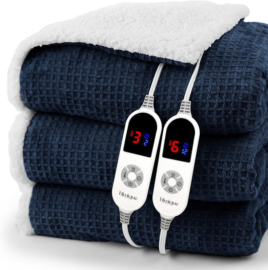 Heated Blanket Electric Blanket King Waffle,90x100 Inches Sherpa Fleece Fast Heating Blanket 6 Heating Levels & 10 Hours Auto Off ETL Certification, Navy King