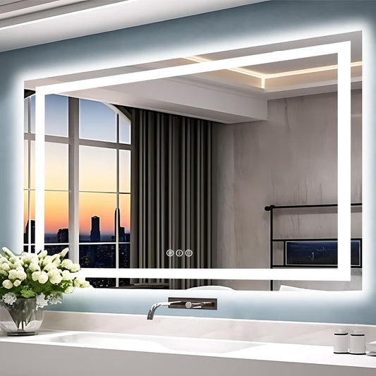 55"x40" Bathroom Mirror with LED Lights, Front and Backlit Mirror, Anti-Fog LED Vanity Mirror, 3 Colors and Dimmable Mirror, Waterproof, Corrosion Proof (Horizontal/Vertical)