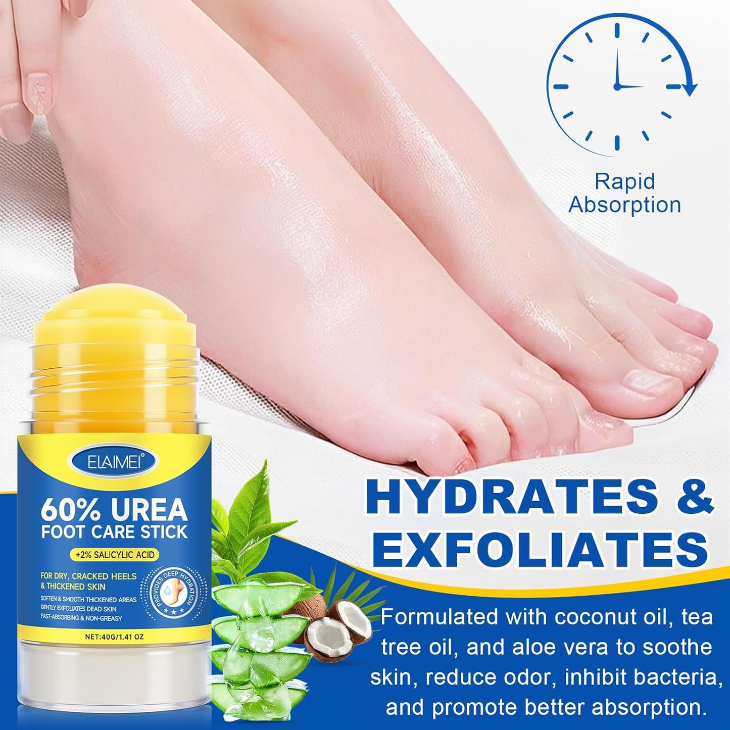 60% Urea Foot Care Stick with 2% Salicylic Acid, Foot Cream Moisturizer for Dry Cracked Feet, Knees, Elbows, Hands,Exfoliating Moisturizer, Dead Skin Remover Foot Balm 1.4oz
