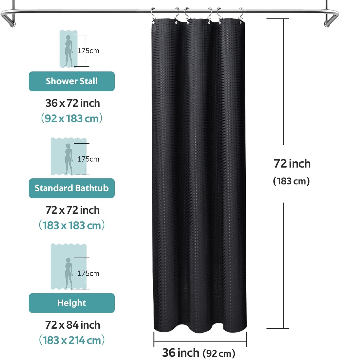3 in 1 Shower Curtain Set, Waffle Shower Curtain and Liner Set with 6 Double Sided Shower Curtain Hooks, 258GSM Luxury Weighted Cloth Shower Curtains for Bathroom, 36 W x 72 H, Black