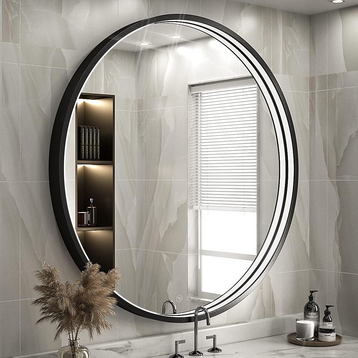 28" Round LED Bathroom Mirror, Dimmable Anti-Fog Vanity Mirror with Touch Control, 6000K Natural Light, Black Metal Frame, Wall Mounted for Makeup Shaving (IP54, 90+ CRI)