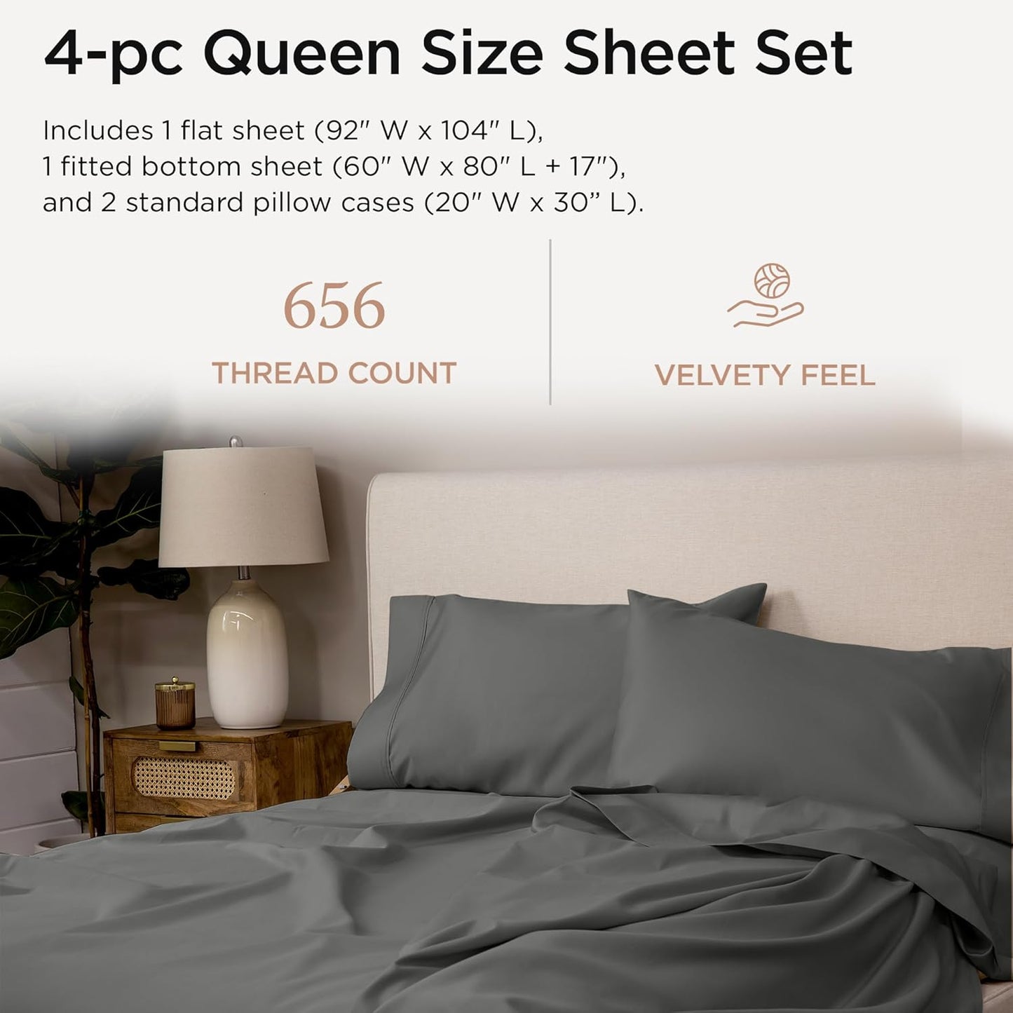 Threadmill Supima Cotton Sheets Queen | 656 Thread Count Queen Sheets for Queen Mattress | 4 Piece Luxury Bed Sheets | Sateen Weave Hotel Quality Sheet with Elasticized Deep Pocket | Dark Grey Sheet