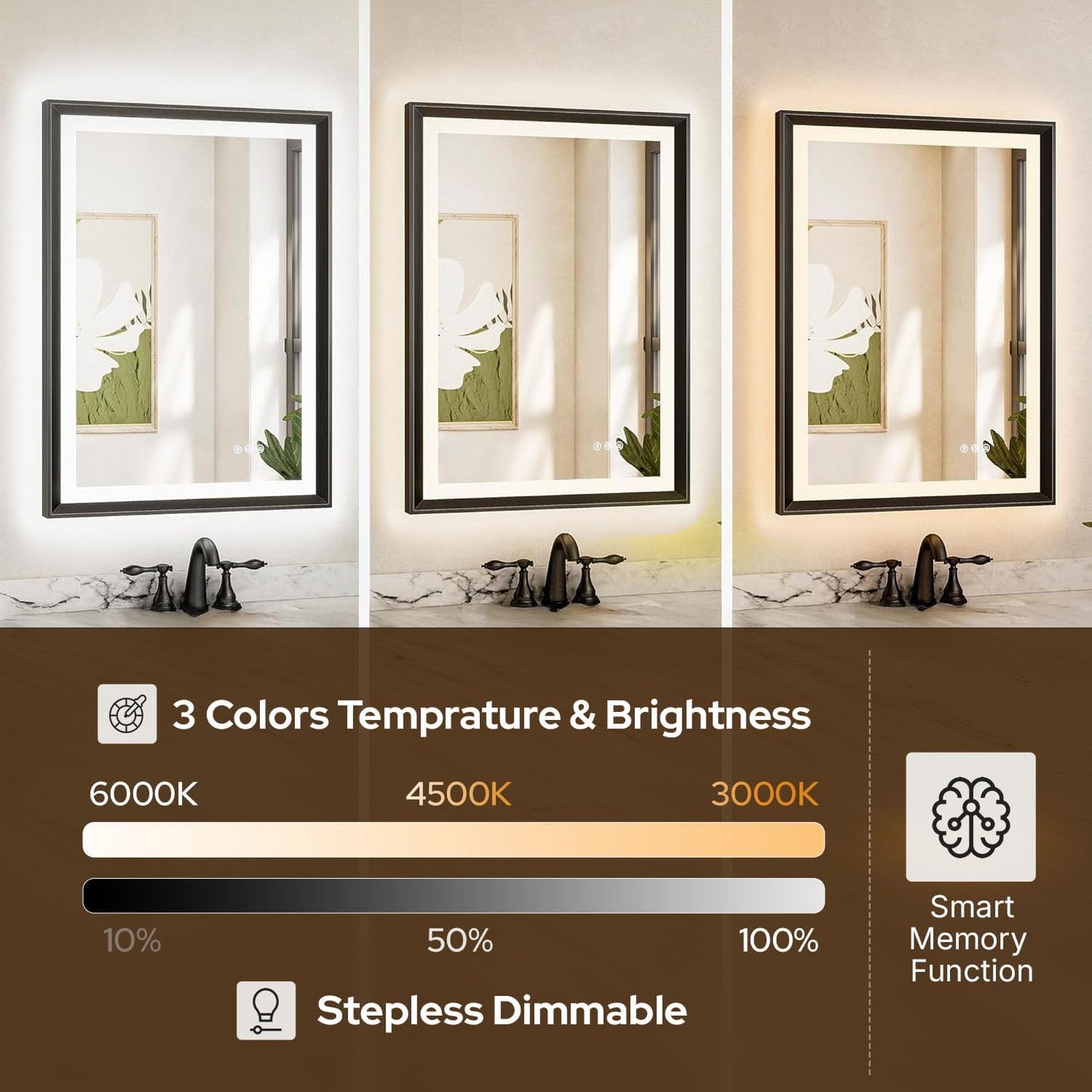 28 x 36 Black Bathroom LED Mirror – Frontlit & Backlit Vanity Mirror with Antifog & Shatter Proof Tempered Glass, Aluminium Frame Bathroom Mirror, Comes with 3 Colour Lights Option