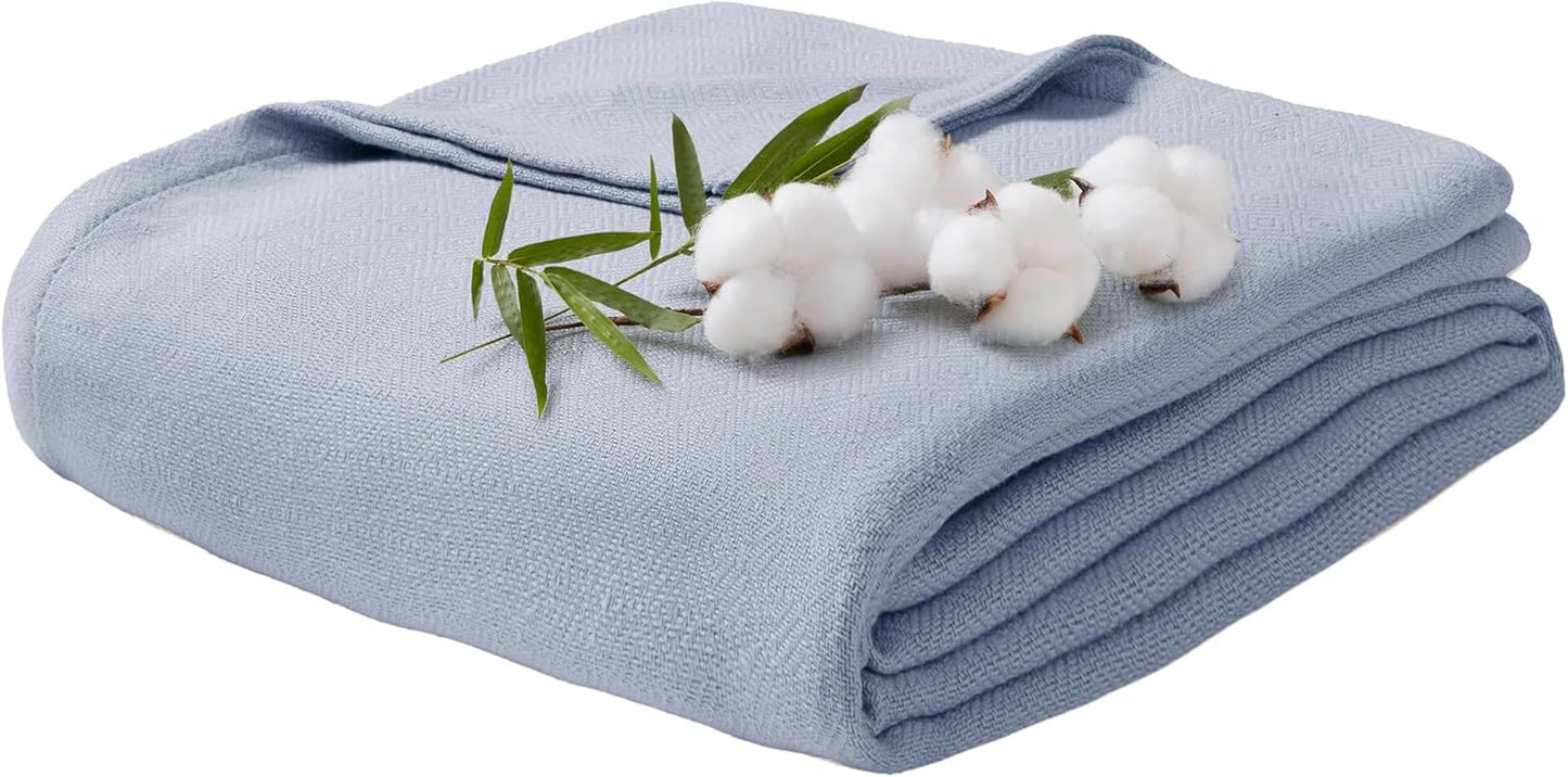 Twin Size Blanket, 70% Rayon (Derived from Bamboo) and 30% Cotton, Lightweight Jacquard Weave, Breathable and Soft Summer Blanket for Bed or Couch, 66” x 90”, Light Blue