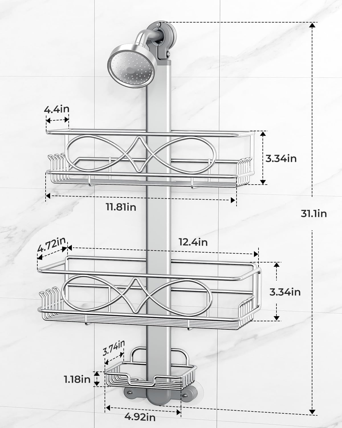 ODesign 2 Tier Stainless Steel Anodized Aluminum,Height-Adjustable Rustproof Shower Caddy Hanging Anti-Swing-Over The Shower Head Caddy-Bathroom Showe r Storage Organizer With Soap Box Holder- Sliver