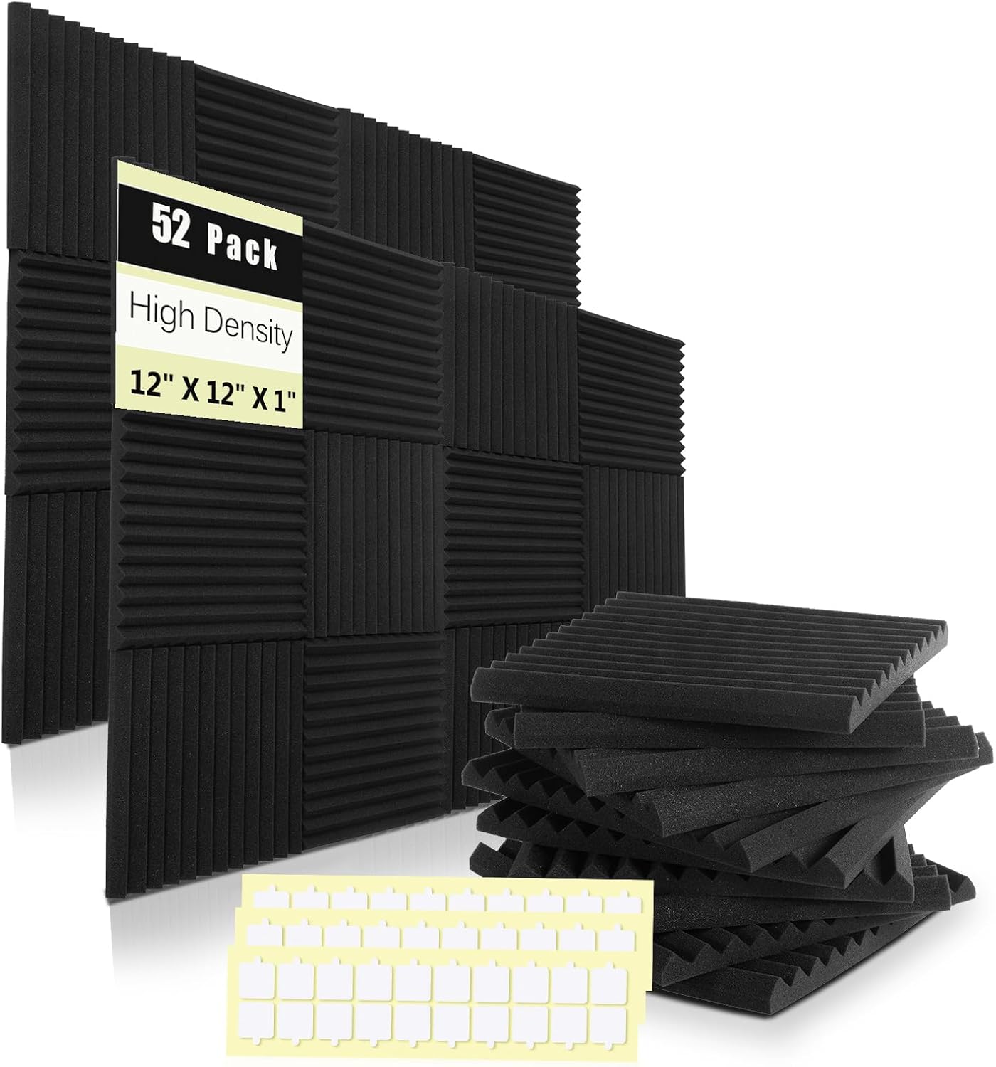 52 Pack Acoustic Panels 1 X 12 X 12 Inches - Studio Foam Wedges High Density Panel Soundproof Foam for Walls - Home Office