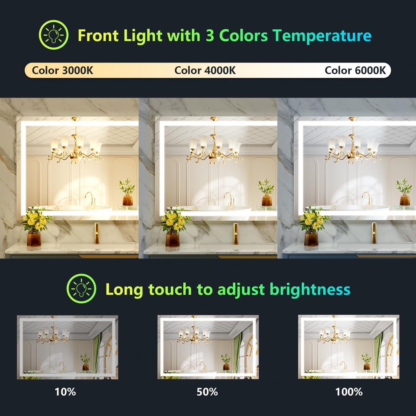 44x36 Inch RGB LED Bathroom Mirror Front Lit and RGB Backlit Lighted Vanity Mirror for Bathroom Wall Dimmable Anti Fog Memory Shatter-Proof IP54 Waterproof Horizontal/Vertical