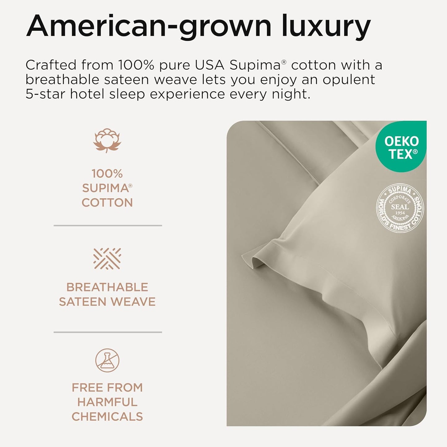 Threadmill California King Sheets, Certified American Supima Cotton Sheets, 1000 Thread Count Hotel Quality, 4 Piece Luxury Bed Sheets Set with Elasticized Extra Deep Pocket, Taupe