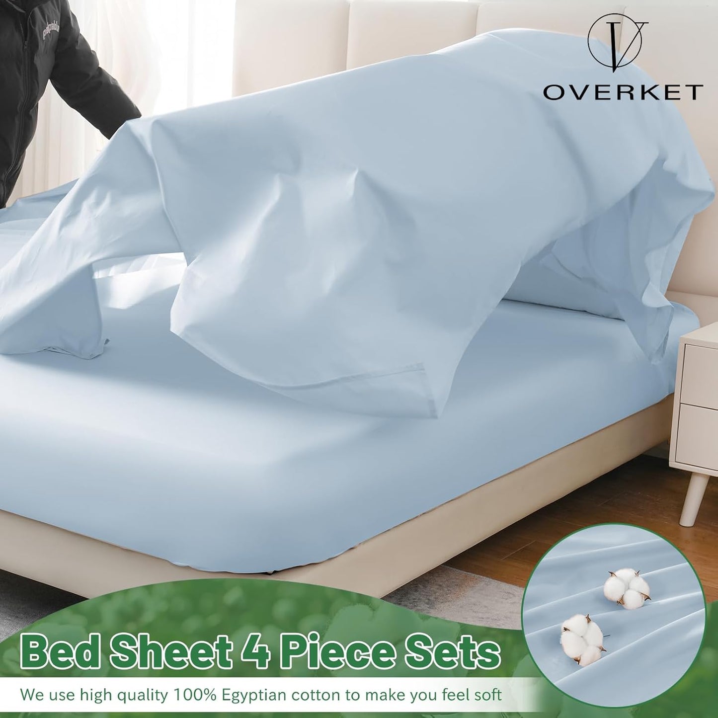 100% Egyptian Cotton Sheets King Size 1000 Thread Count Sateen Weave Soft Breathable 16-Inch Deep Pocket 4PCS（King,Light Blue）