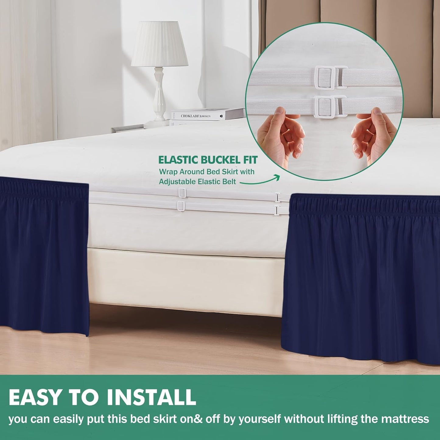 Biscaynebay Wrap Around Bed Skirts with Split Corners for King Beds 15" Drop, Navy Adjustable Elastic Dust Ruffles Easy Fit Wrinkle Resistant Silky Luxurious Fabric Machine Washable