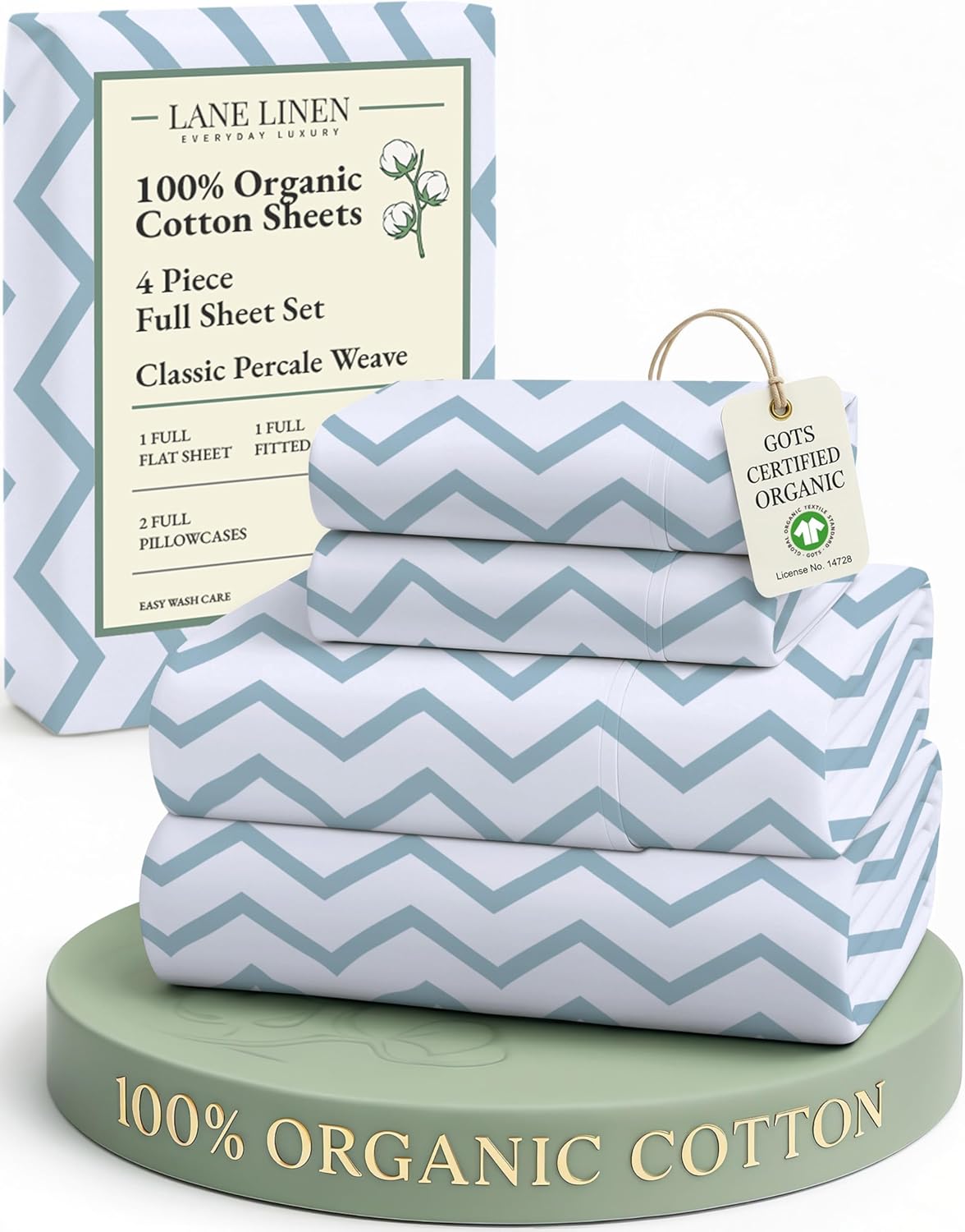 LANE LINEN 100% Organic Cotton Full Size Sheet & Pillowcase Sets, Fully Elasticized Soft & Comfy Printed Percale Bedding, Temperature Regulating Printed Cotton Sheets Full - Chevron