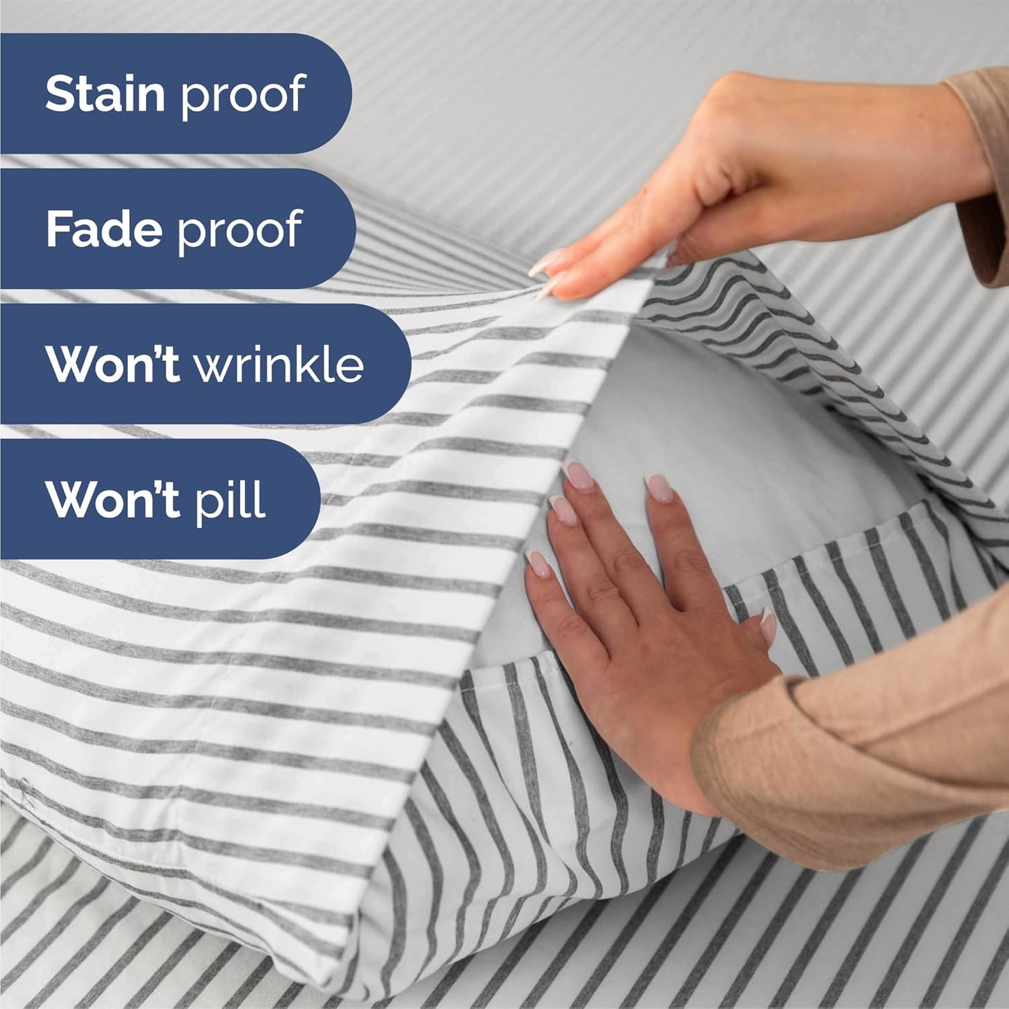 Queen Size 4 Piece Sheet Set - Comfy Breathable & Cooling Bed Sheets Set - Hotel Luxury Bedding for Women, Men, Kids, Teens, Boys & Girls - Deep Pockets, Soft, Wrinkle Free - Oeko-Tex - Grey Stripes 2