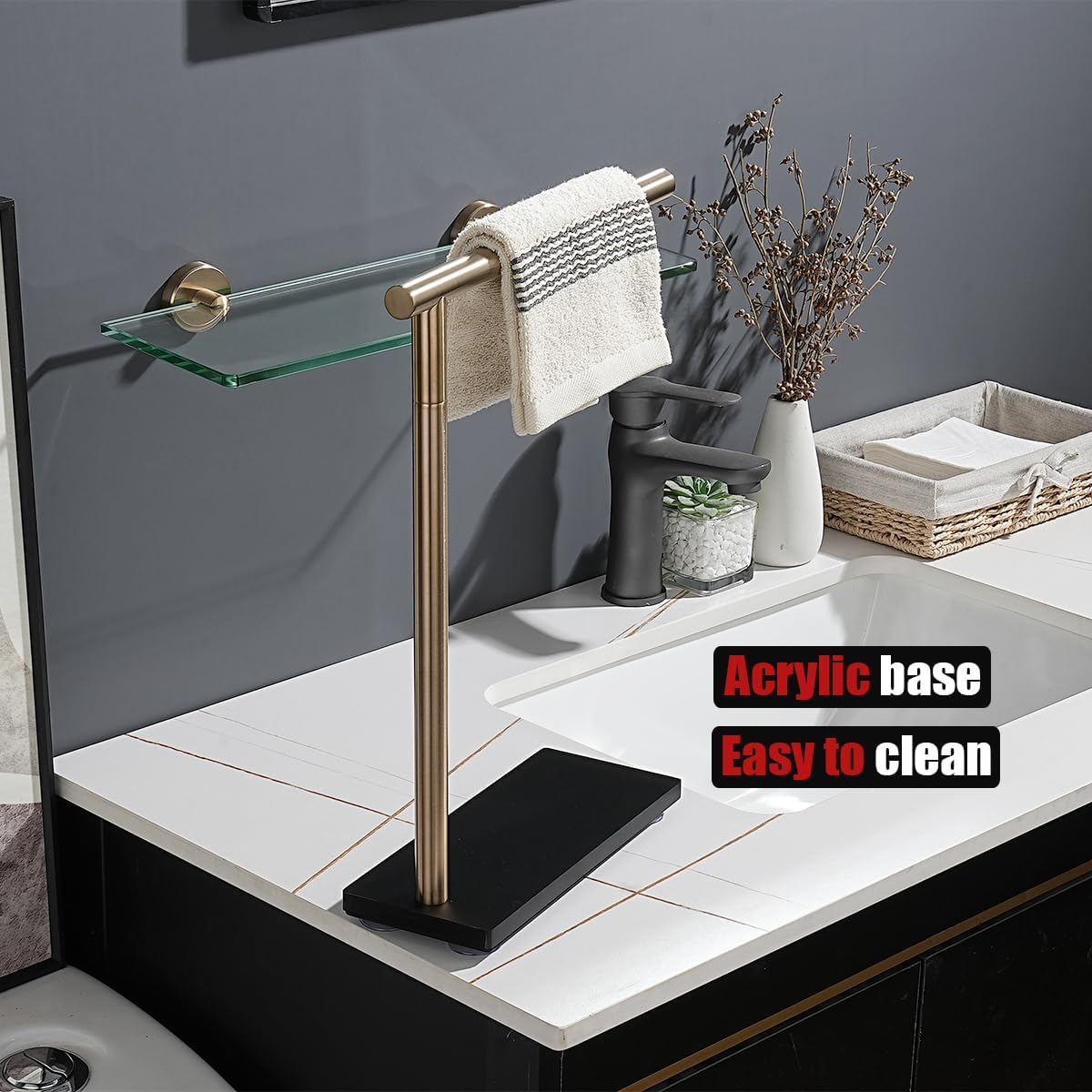 JQK Hand Towel Holder Stand Champagne Bronze, Modern Tree Rack Free Standing for Countertop with 12 Inch Bar, 304 Stainless Steel Thicken 0.8mm, HTT170-CB