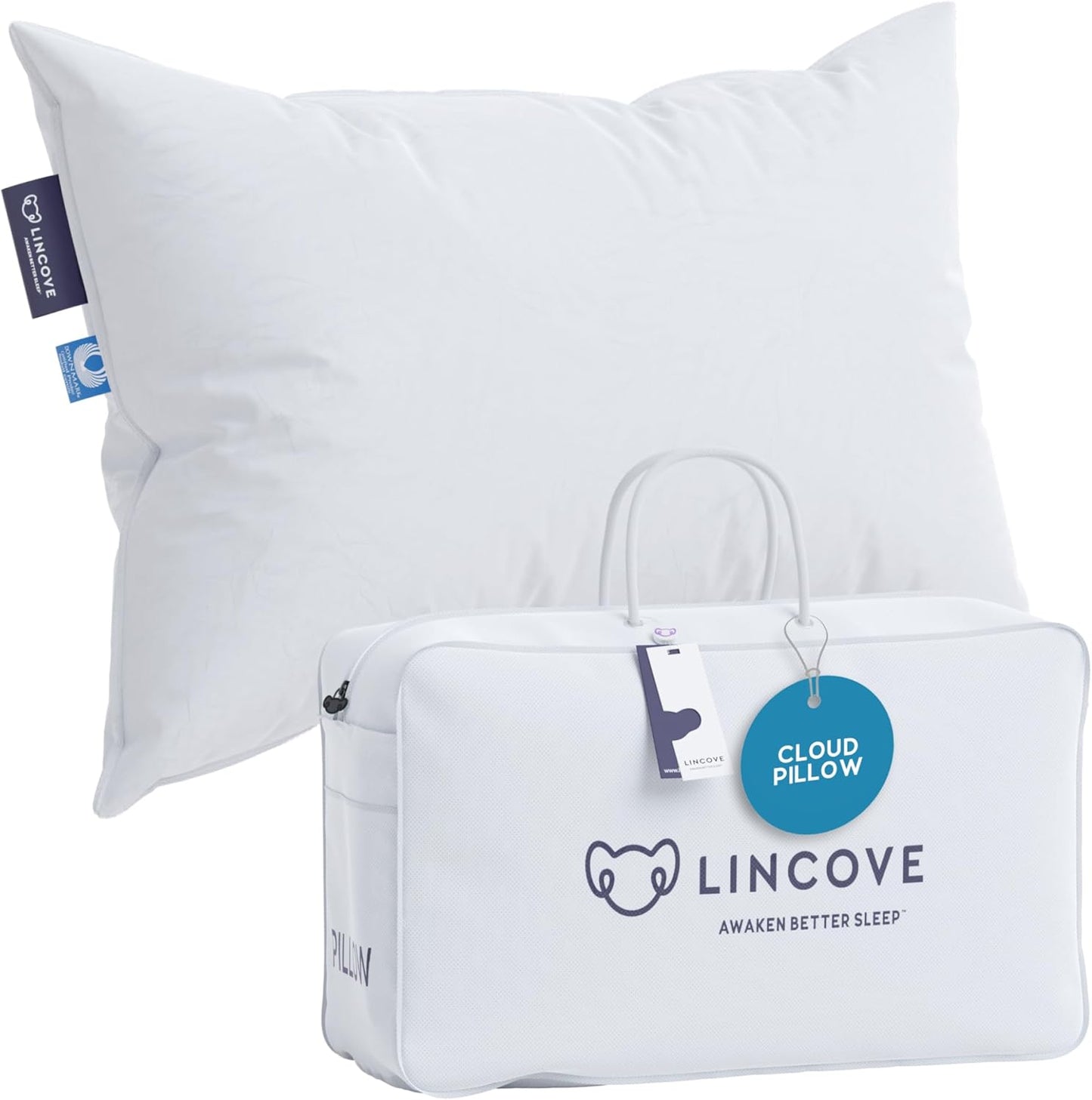 Lincove Cloud Natural Canadian Down Pillow, White Luxury Sleeping Pillow - 625 Fill Power, 500 Thread Count Cotton Shell, Made in Canada, Queen - Medium, 1 Pack
