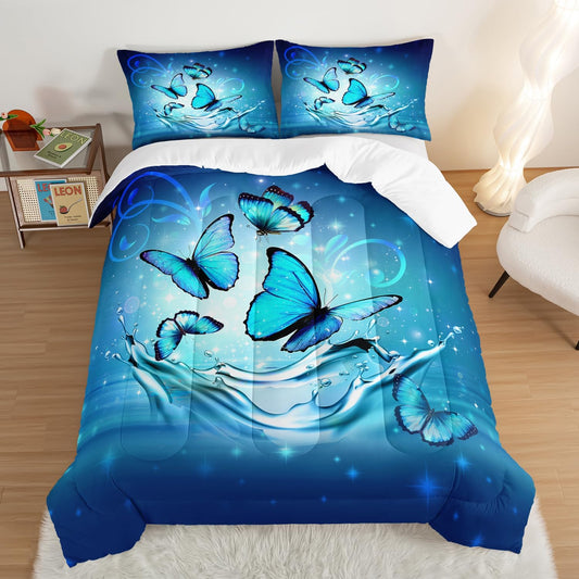 Fantasy Blue Butterfly Comforter Set King Size,Butterflies on Water Flash Bedding Sets 3 Pieces,Blue Series Aesthetic Bedding for Kids Girls Boys Room Decor with 2 Pillowcases.