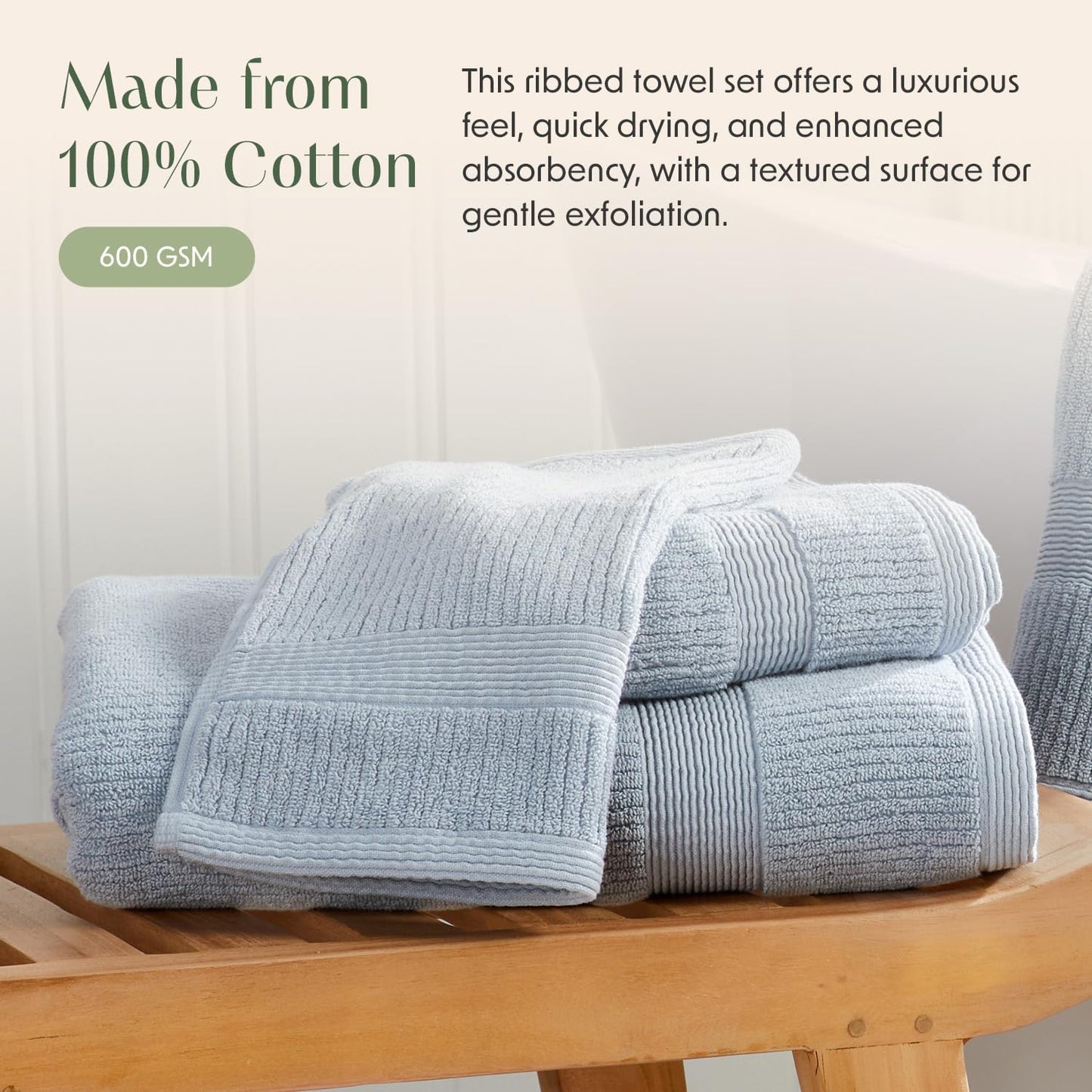 Springtree Home Blue Bath Towels Set of 4 | Ribbed Textured | 100% Combed Cotton | Absorbent Quick-Dry Towels for Bathroom | Oeko-TEX® Standard 100 Cotton | Mauro Collection - Blue Fog