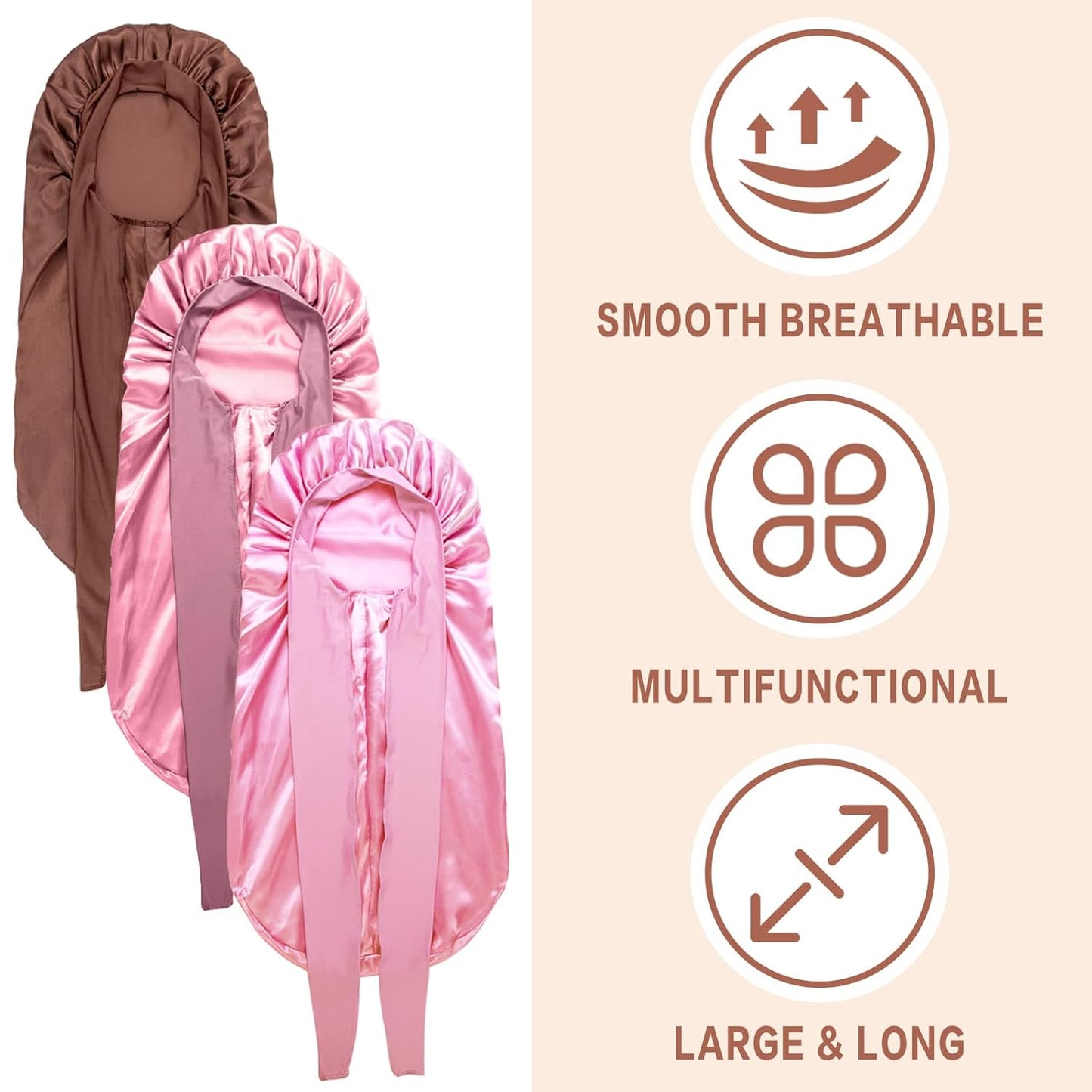 3Pcs Bonnets for Black Women, Large Long Satin Bonnet for Braids With Stretchy Tie Band, Sleep Cap for Long Curly Hair (Brown, Rose Pink, Pink)