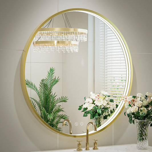 36" Round LED Bathroom Mirror, Dimmable Anti-Fog Vanity Mirror with Touch Control, 6000K Natural Light, Gold Metal Frame, Wall Mounted for Makeup Shaving (IP54, 90+ CRI)