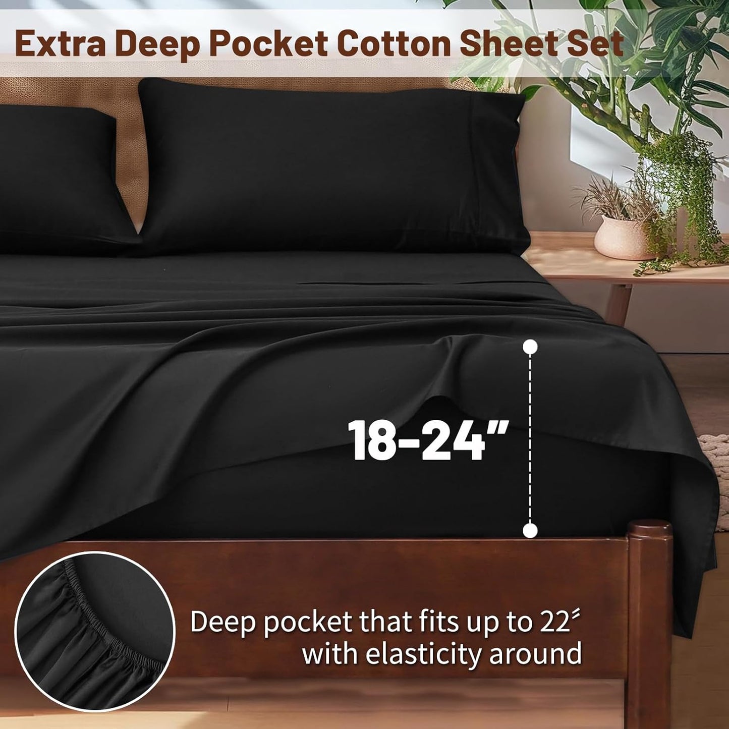 Extra Deep Pocket Queen Sheets 18-24 Inch 1000 Thread Count 100% Egyptian Cotton Sateen Weave Soft Breathable 4 Pieces（Queen,Black）