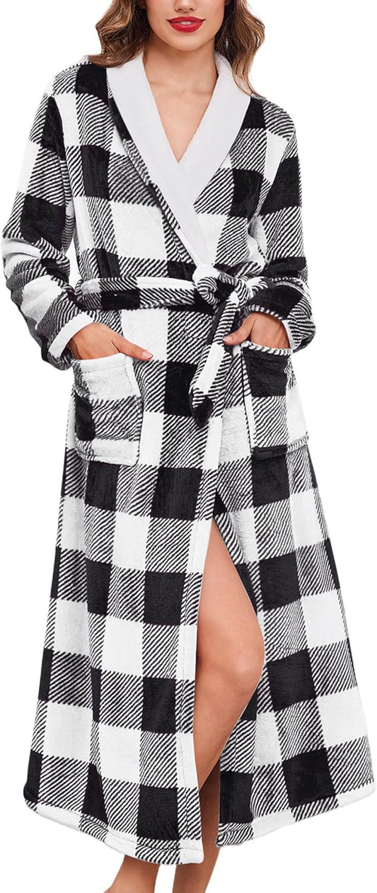 Ekouaer Women's Robe Long Plush Soft Bathrobe Jacquard Color Block Robes Shawl Collar Sleepwear with Pockets S-XXL