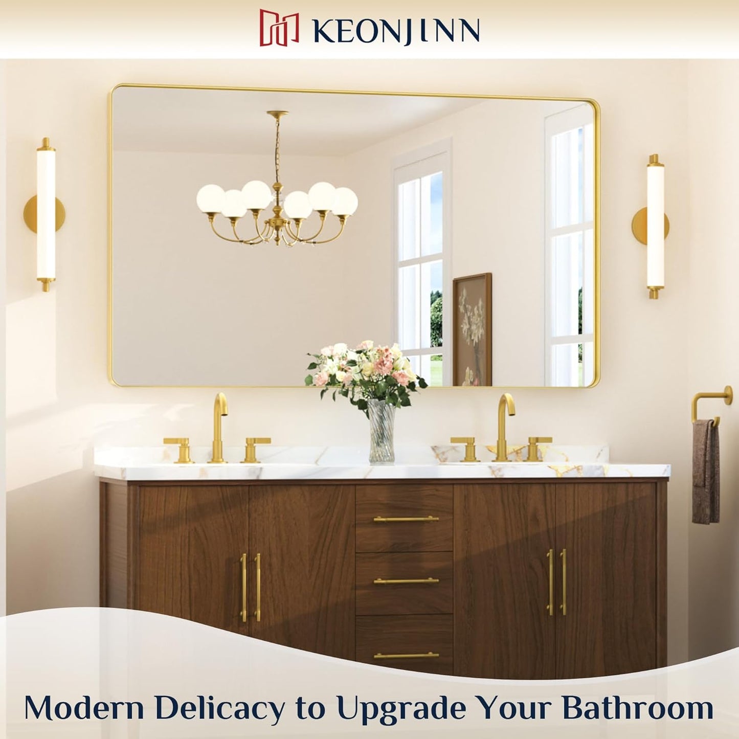 Keonjinn Gold Mirrors for Wall, 60” x 36” Large Brushed Brass Bathroom Mirrors for Over Sink, Rounded Rectangle Farmhouse Vanity Mirror, HD Tempered Glass Modern Decorative Mirror(Horizontal/Vertical)