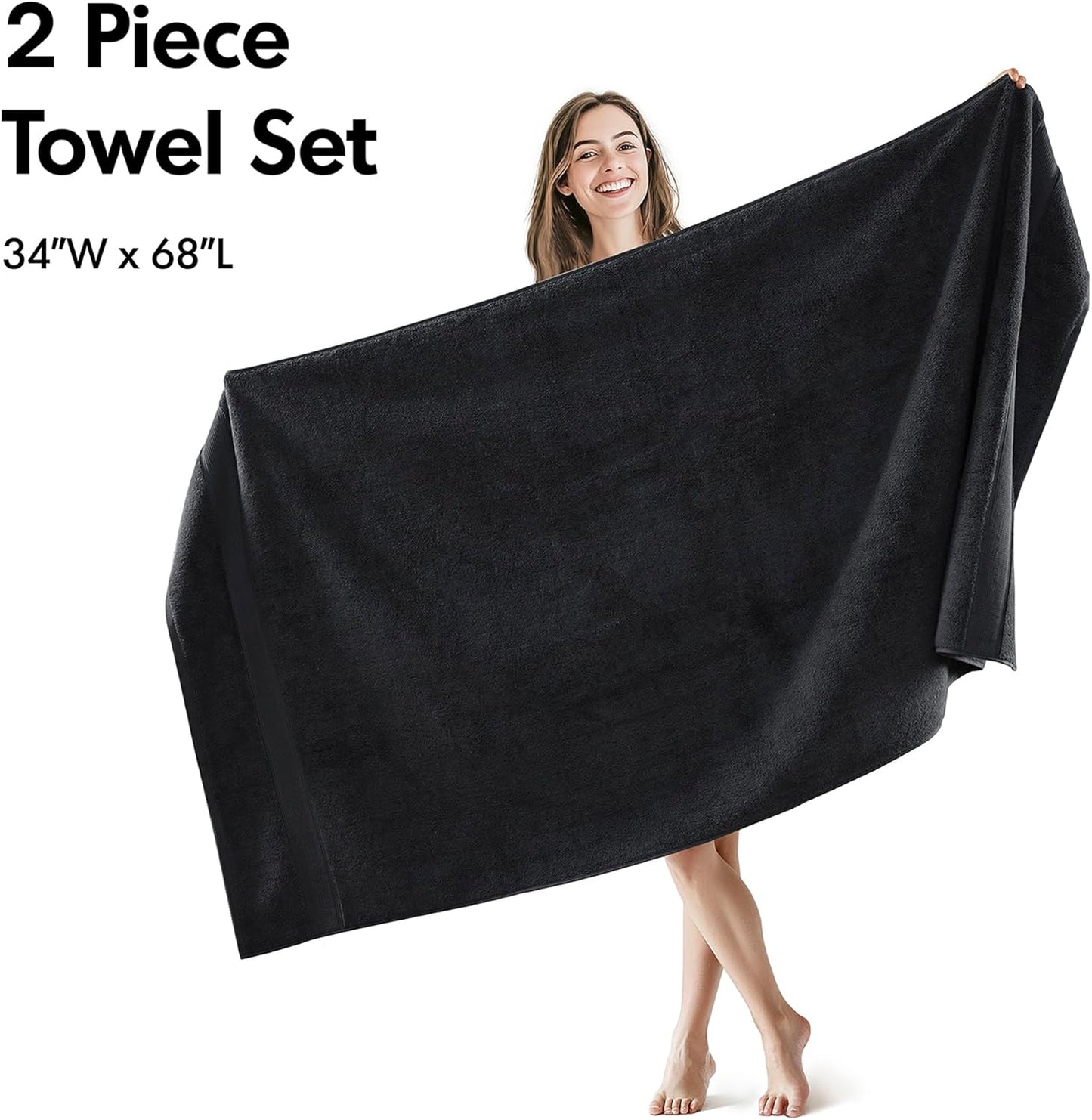 Madison Park 800GSM Bath Sheet Towel Oversized 34" x 68" 2 Pack 100% Cotton Bath Towel Set Highly Absorbent Hotel Spa Quality for Bathroom, Black
