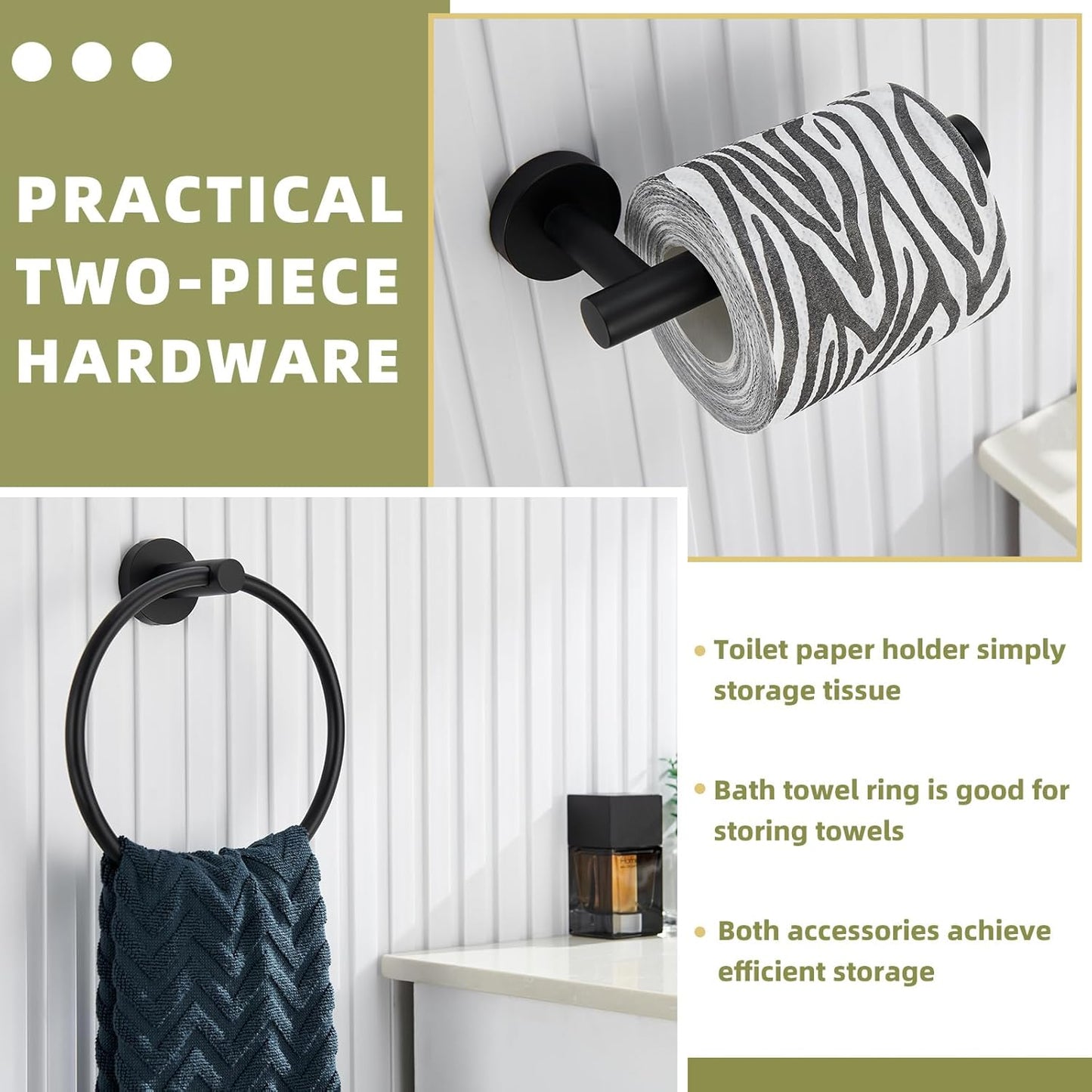 APLusee Matte Black 2 Pieces Bath Accessories Set, Hand Towel Ring and Toilet Paper Holder, Stainless Steel Bathroom Hardware, Wall Mounted