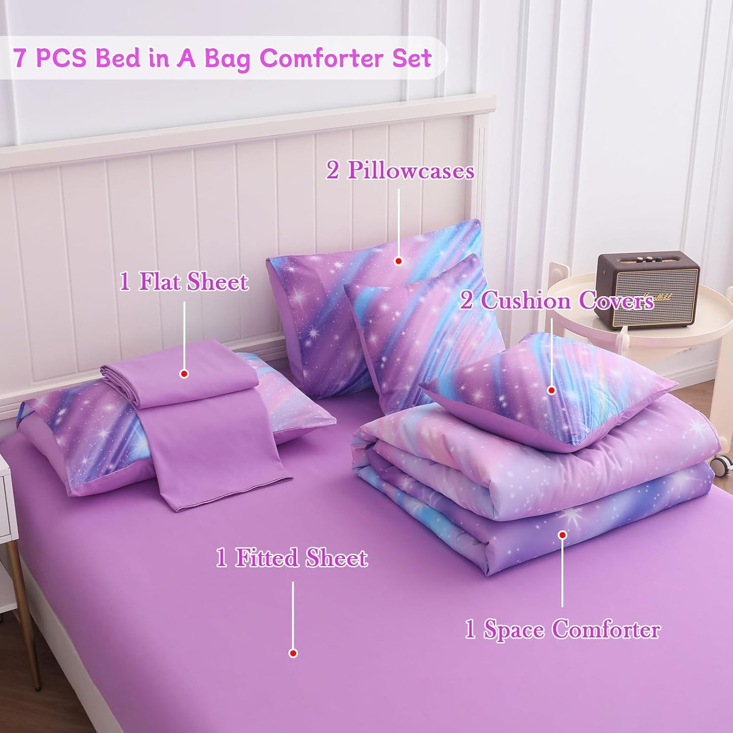 Rainbow Bedding Set Full Size – 7 Piece Reversible Girls Comforter with Deep-Pocket Sheet, Gradient Galaxy Design, Whole-Piece Filling, Machine Washable Bed-in-a-Bag for Kids Room Makeover & Gifts