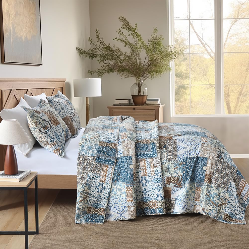 ENASAL Cotton Bedspread Quilt Bedding Sets Reversible Coverlet Comforters Blue Bohemian Rustic Floral Patchwork Pattern Bedspread for All Season,King Size