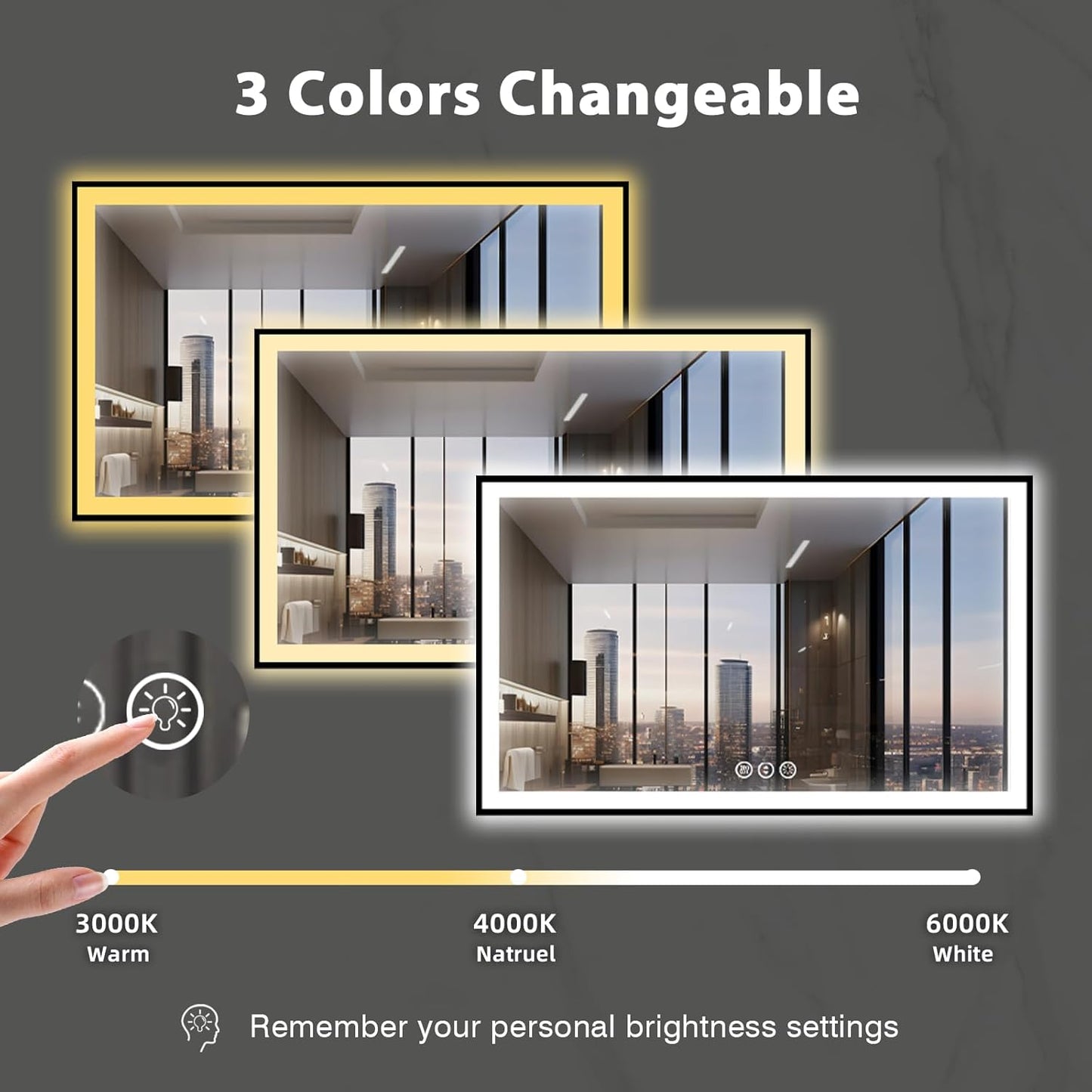 60x40 LED Mirror for Bathroom, Black Metal Framed, Vanity Mirror with Lights, 3 Color Modes, Dimmable CRI90+, Double Lights, Anti-Fog, Shatter-Proof, Waterproof, Memory (Horizontal/Vertical)