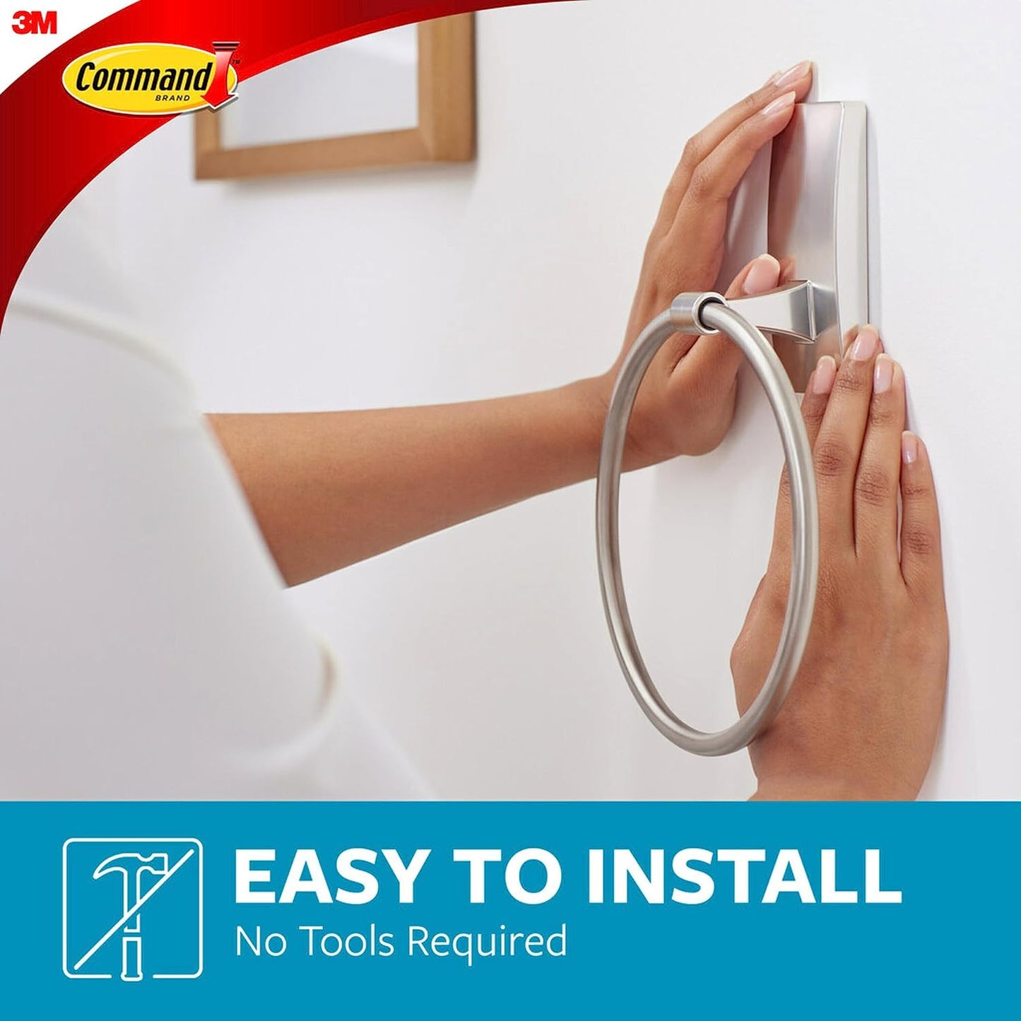 Command Hand Towel Holder Satin Nickel with Water Resistant Command Strips, Rust Resistant Bathroom Organizer, Holds up to 5 lbs, Large