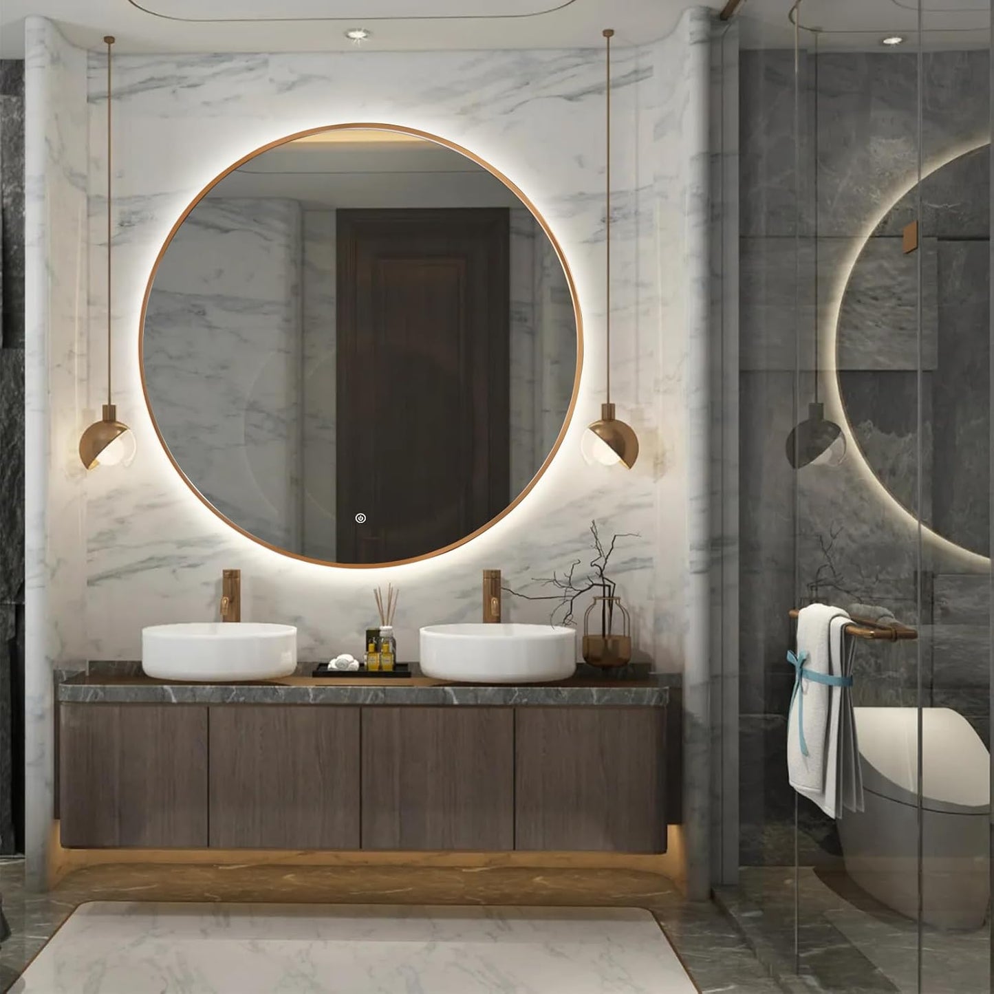 Niccy 48" LED Backlit Round Mirror for Bathroom, Gold Framed Vanity Light Wall Mirror LED Smart Circle Mirrors with 3 Lighting Colors, Dimmable Lighted Mirror with Anti-Fog, IP65 Waterproof