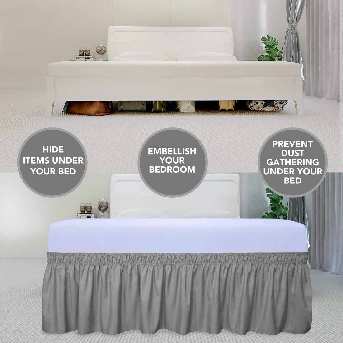 PureFit Wrap Around Ruffled Bed Skirt with Adjustable Elastic Belt - 14 Inch Drop Easy to Put On, Wrinkle Free Bedskirt Dust Ruffles, Bed Frame Cover for Queen, King and C-King Size Beds, Gray
