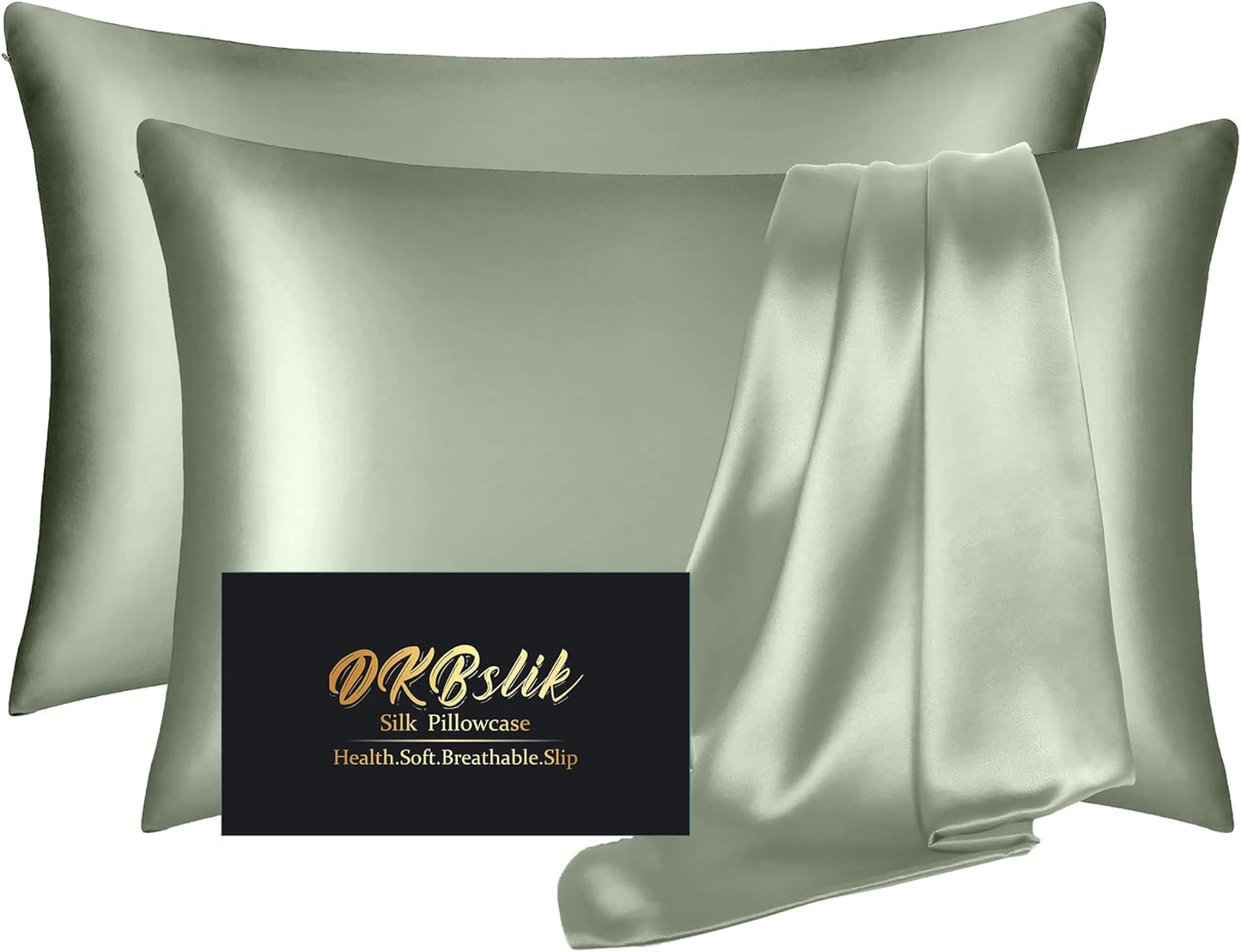Silk Pillowcase 2 Pack, Mulberry Silk Pillow Cases Queen Size Set of 2, Anti Acne Silk Pillowcase for Hair and Skin, Natural Silk Satin Pillowcases Gifts for Women Men 2 Pack with Zipper, Sage Green